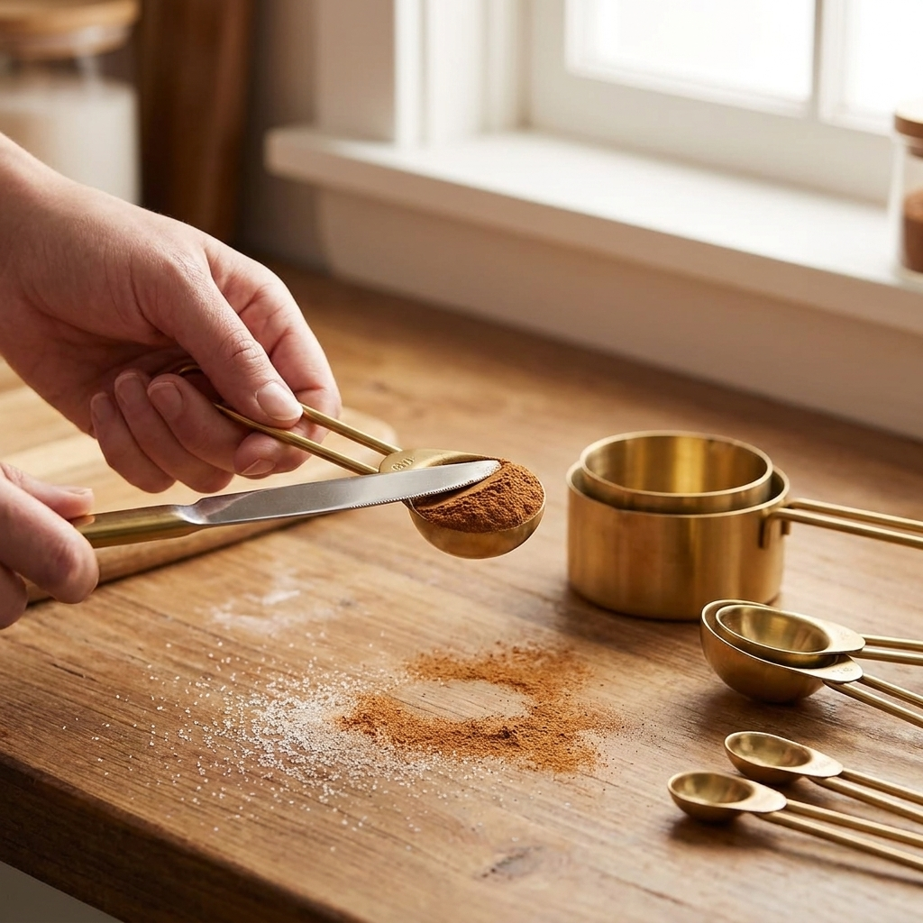 Gold measuring spoon holding ground spice over a wooden counter while baking