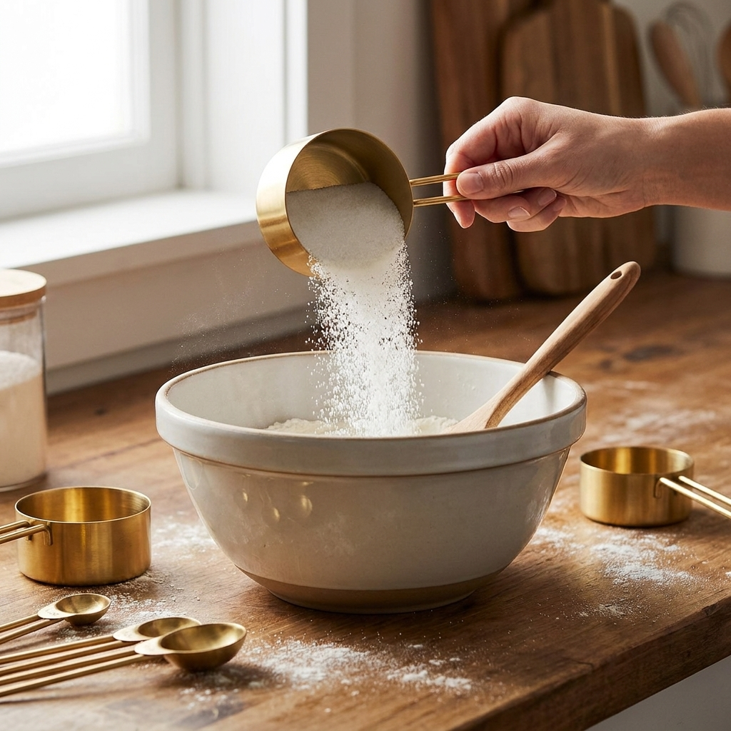 Gold measuring cup pouring sugar into a mixing bowl while baking