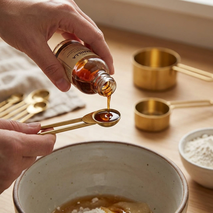 Gold measuring spoon pouring vanilla extract while baking