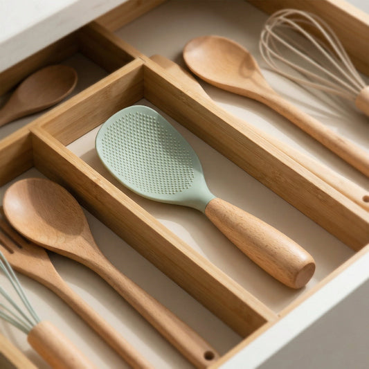 Set of wooden kitchen utensils including spoons and a green rice paddle in a drawer.