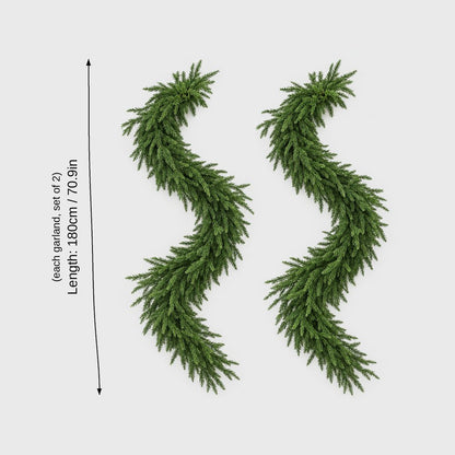 Two green Norfolk pine garlands in S-curves on a light gray background with a label showing each garland length: 180 cm or 70.9 in