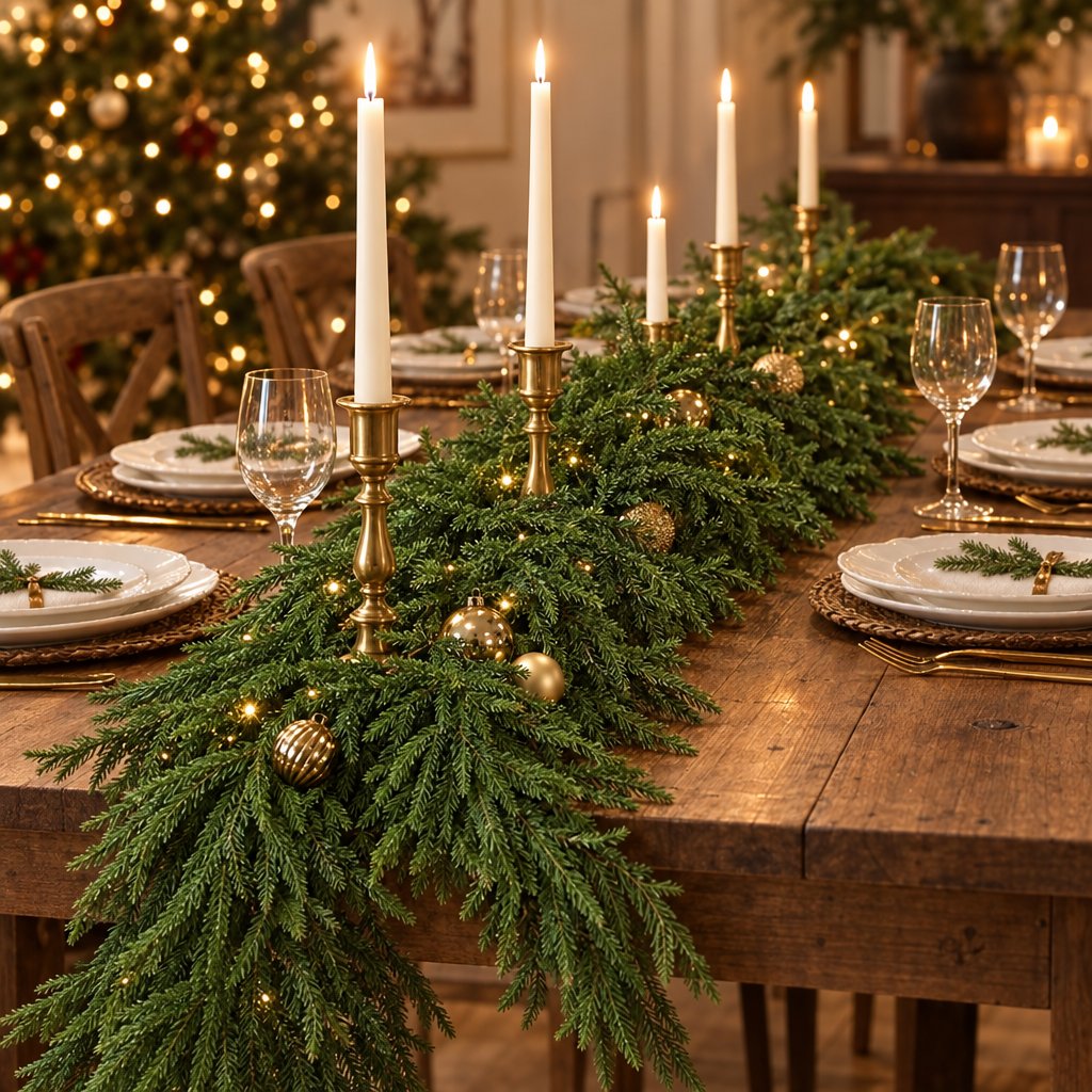 Green Norfolk pine garland used as a dining table runner on a wood table with gold candlesticks, lit white taper candles, gold ornaments and white plates, with a lit Christmas tree behind
