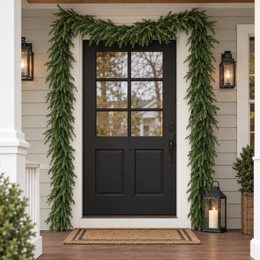 Green Norfolk pine garland framing a black four-pane front door across the top and down both sides, with black lanterns, a striped doormat and gray siding