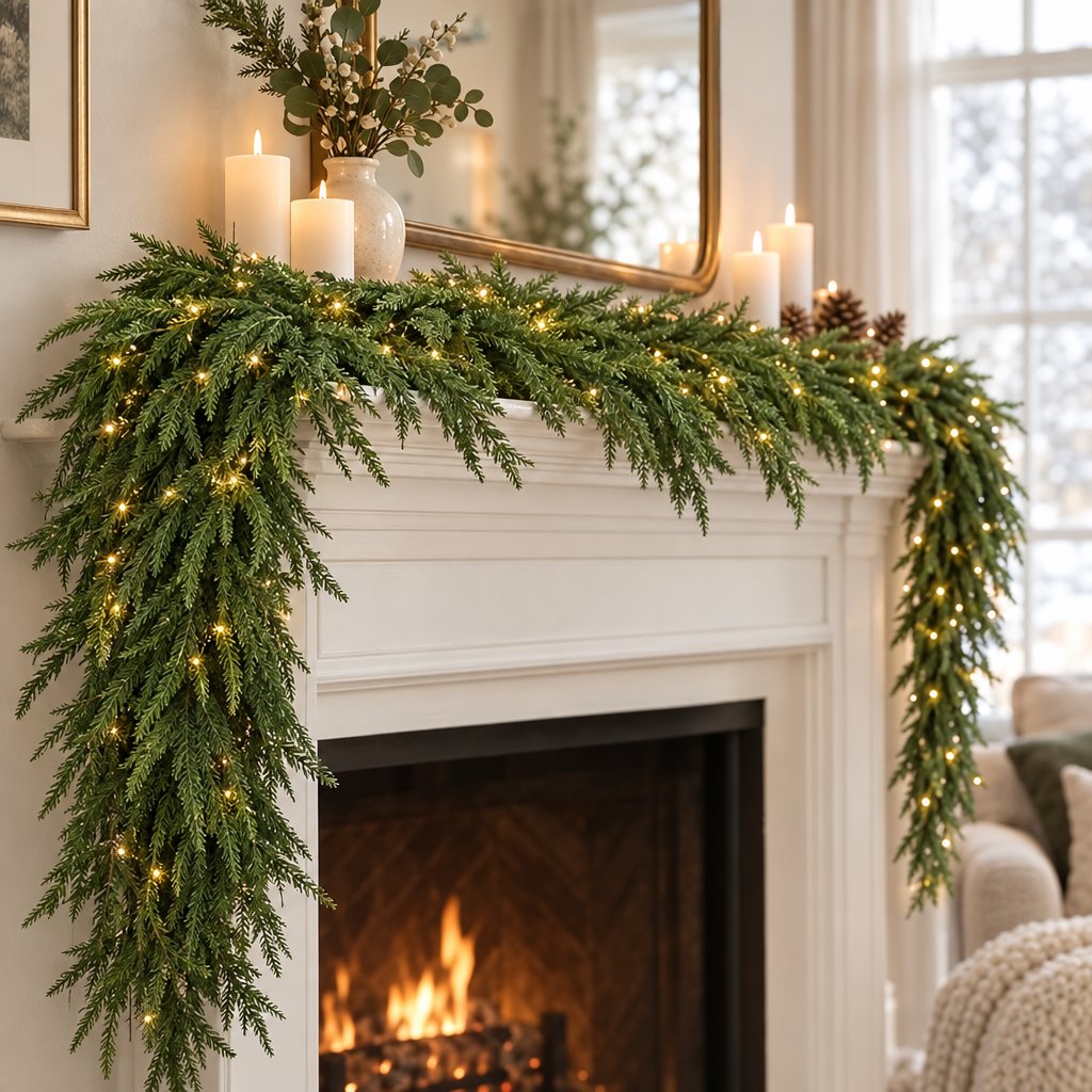 Green Norfolk pine garland with small warm lights draped over a white fireplace mantel beside white pillar candles, pinecones and a gold-framed mirror