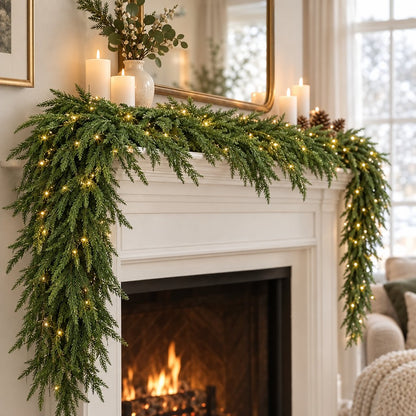 Green Norfolk pine garland with small warm lights draped over a white fireplace mantel beside white pillar candles, pinecones and a gold-framed mirror