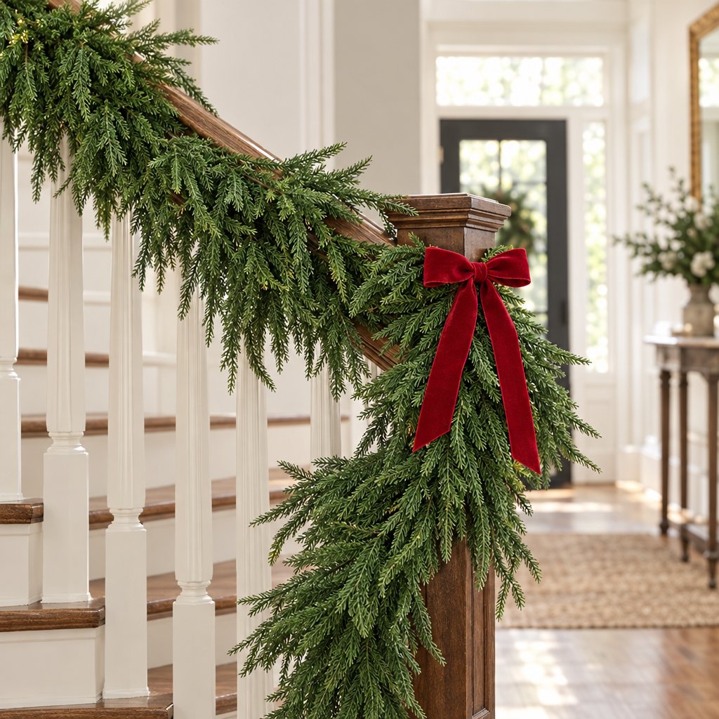 Green Norfolk pine garland wrapped along a wood staircase banister with white balusters and finished with a red velvet bow beside the newel post