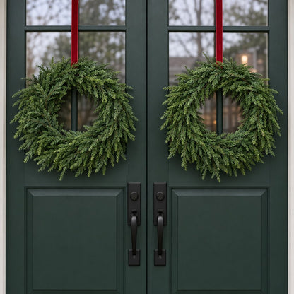 Two round green pine wreaths hung with red ribbon on a pair of dark green double doors with black handles
