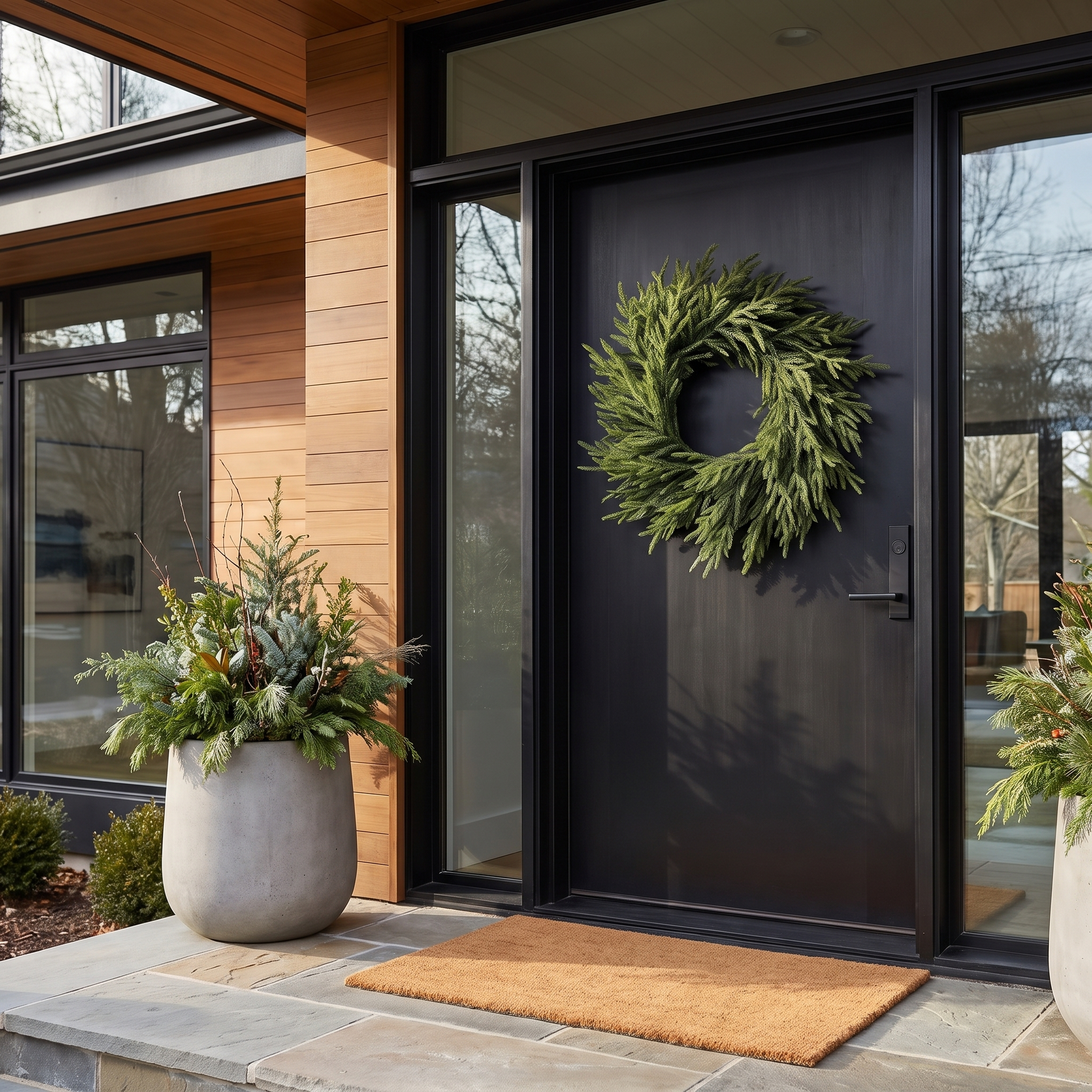 24-inch Norfolk pine wreath hung on a sleek black front door of a modern home