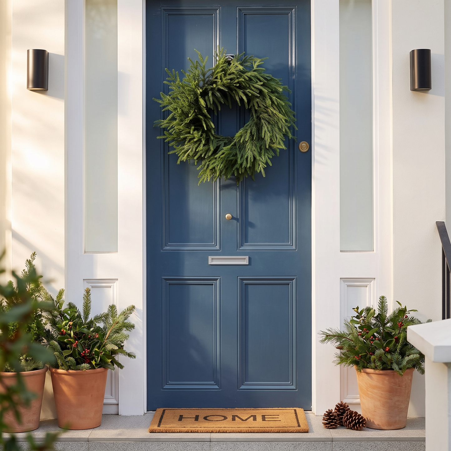 24-inch Norfolk pine wreath hung on a blue front door with a welcome doormat