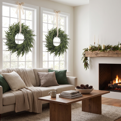 Two 24-inch Norfolk pine wreaths hung on interior windows in a cozy living room