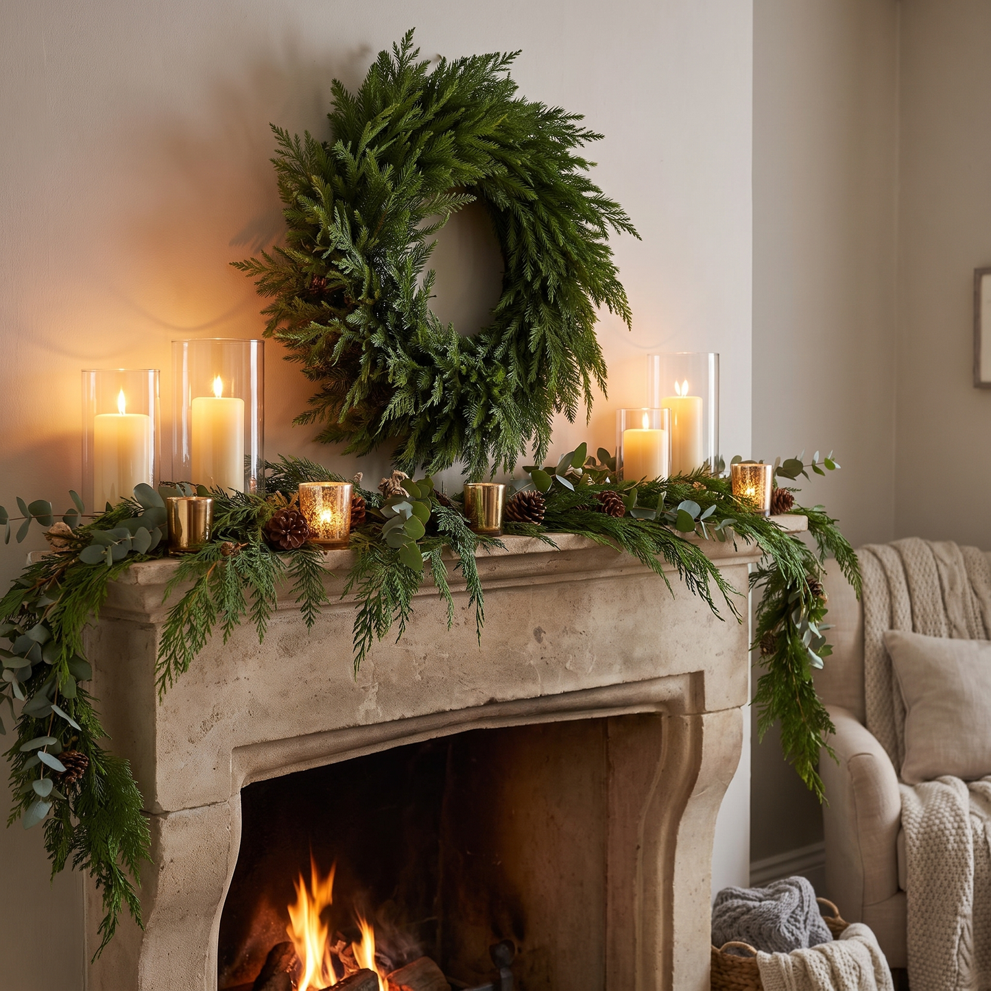 24-inch Norfolk pine wreath styled on a fireplace mantel with candles and garland