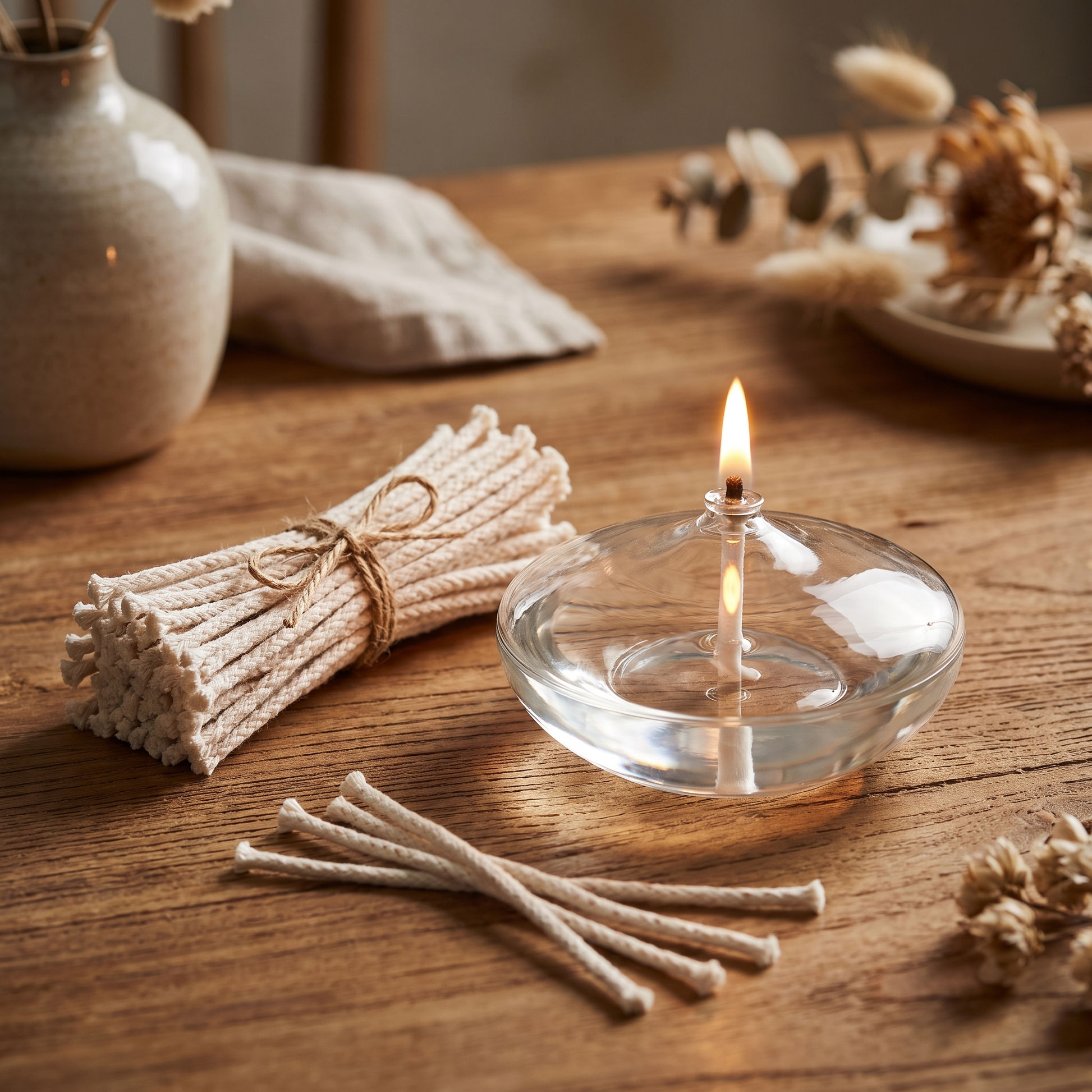 Glass oil candle paired with a pack of cotton spare wicks as a refill bundle