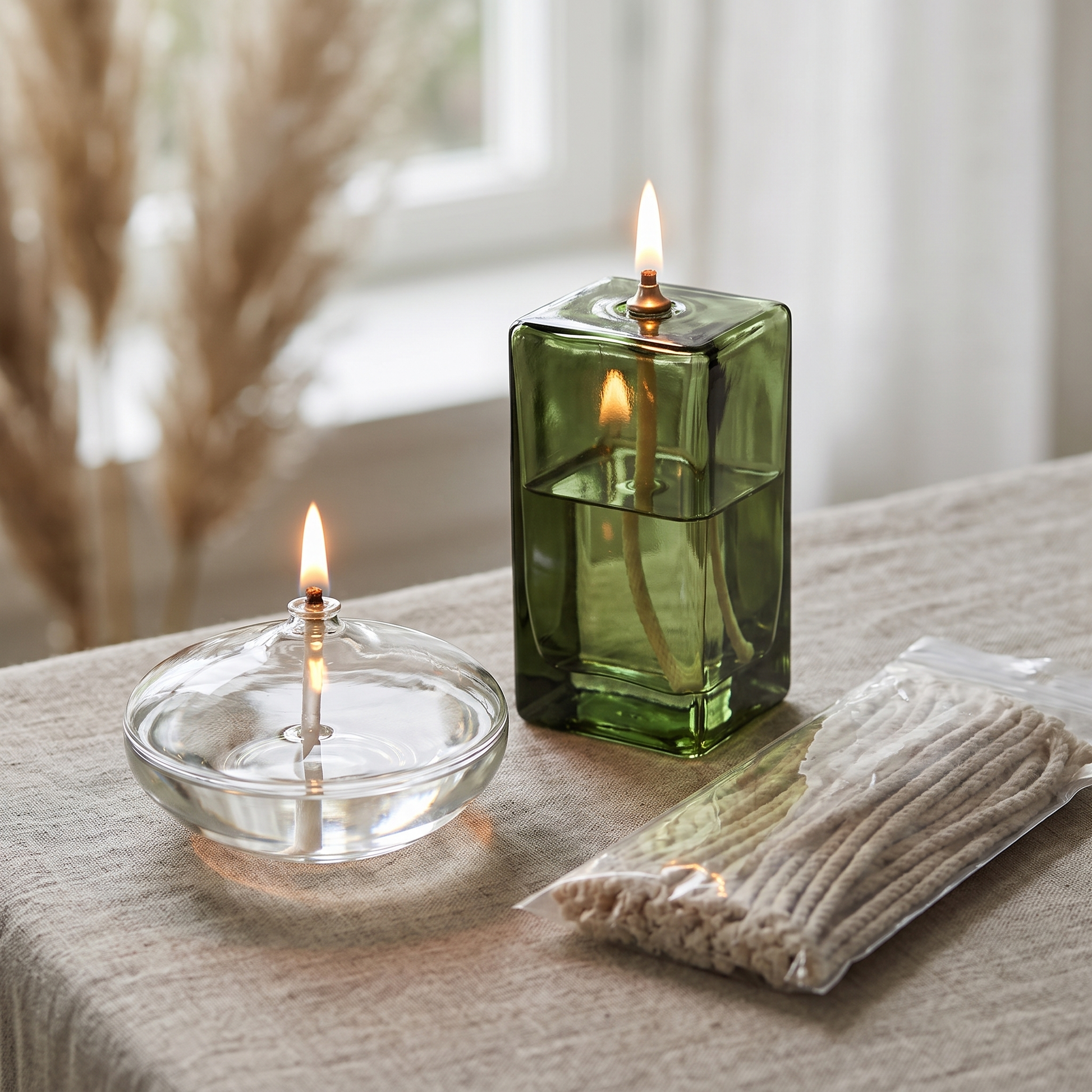 Glass oil candle and vintage green oil lamp displayed together with cotton spare wicks refill set