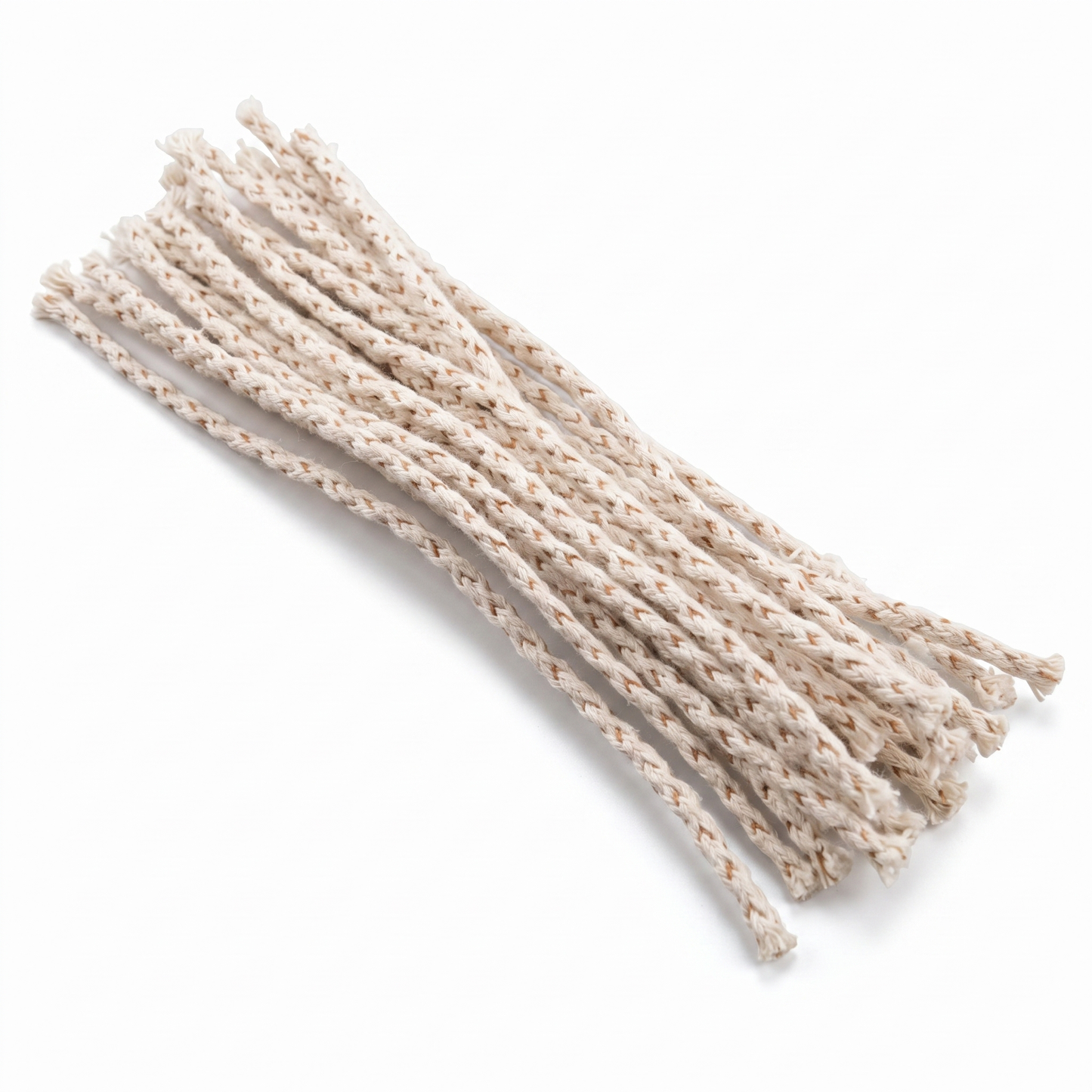 Pack of 30 natural cotton oil candle spare wicks on a clean white background