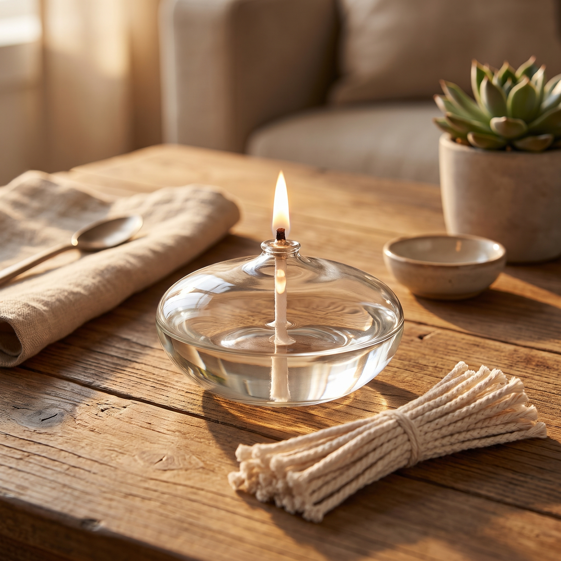 Oil candle spare cotton wicks beside a lit glass oil candle on a wooden table