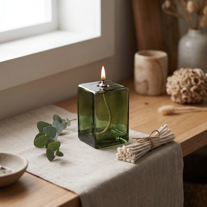 Oil candle spare cotton wicks beside a glowing vintage green glass oil lamp on a shelf