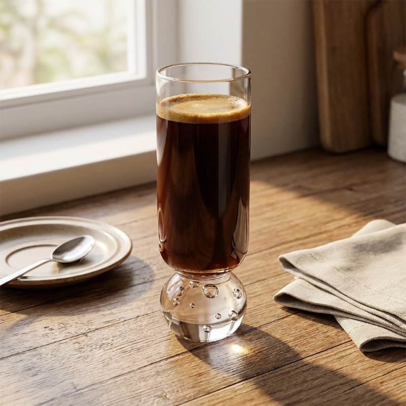 Orb base glass with iced coffee on wooden table by window