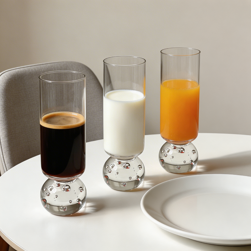 Orb base glasses with coffee, juice, and milk on dining table