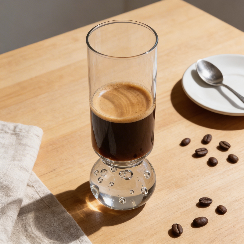 Orb base glass with iced coffee on wooden table beside coffee beans