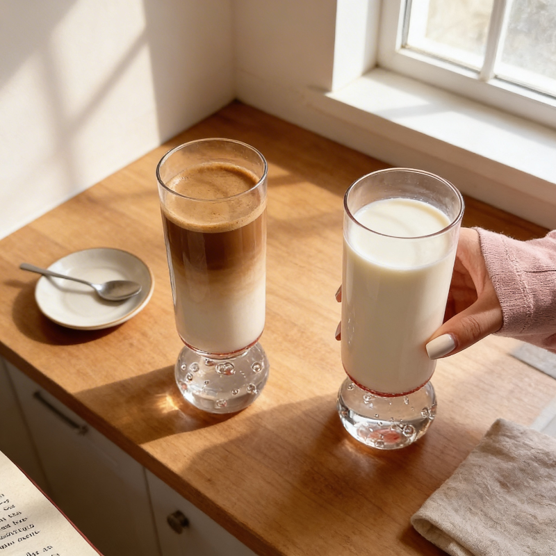 Orb base glasses on breakfast tray by window