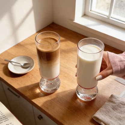 Orb base glasses on breakfast tray by window