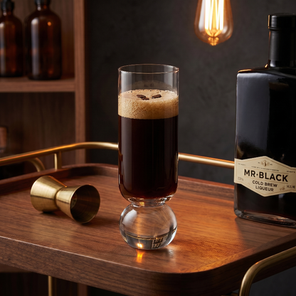 Orb base glass with dark drink on side table in warm lighting