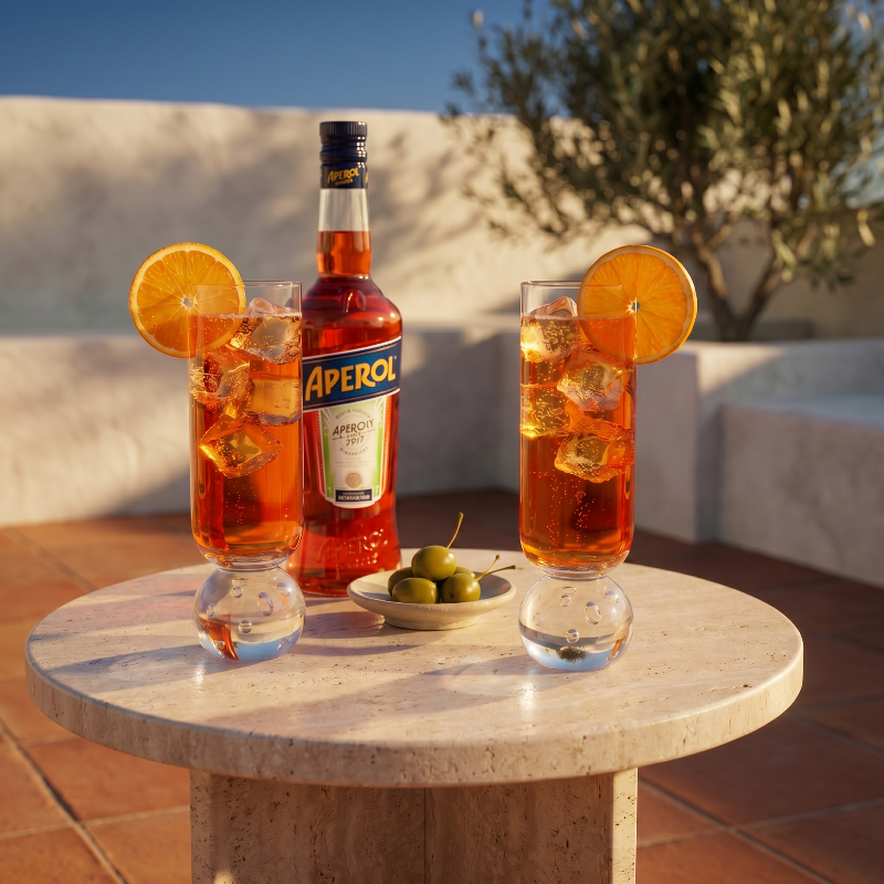 Orb base glasses with bottled drinks on outdoor side table