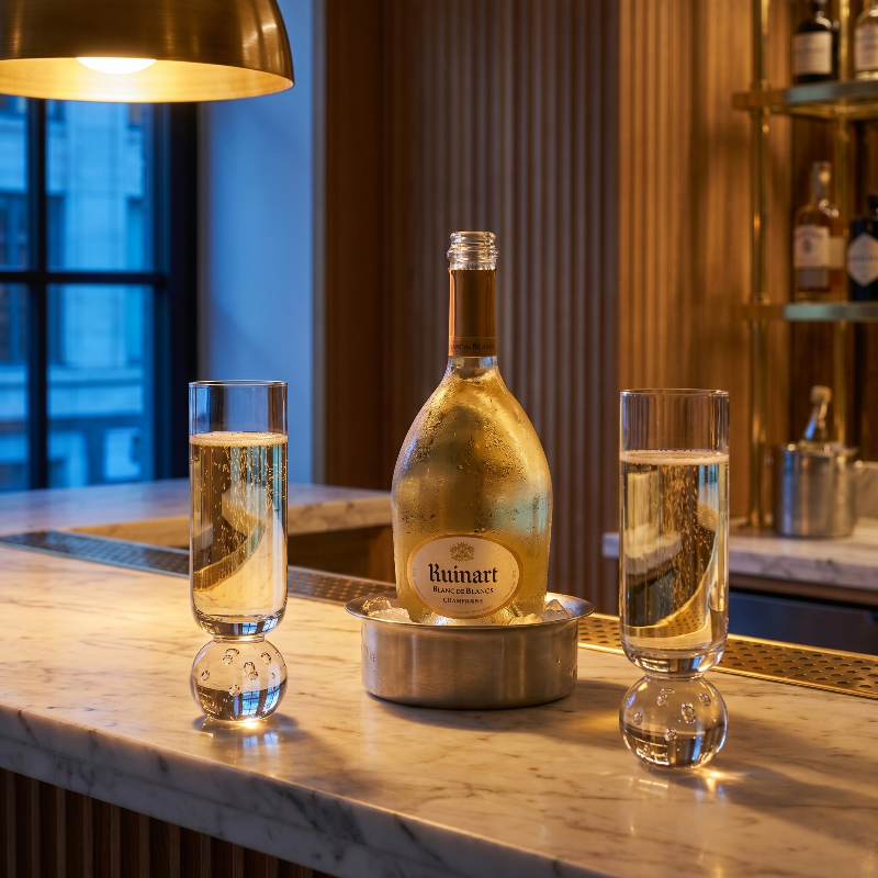 Orb base glasses on bar table in warm evening setting