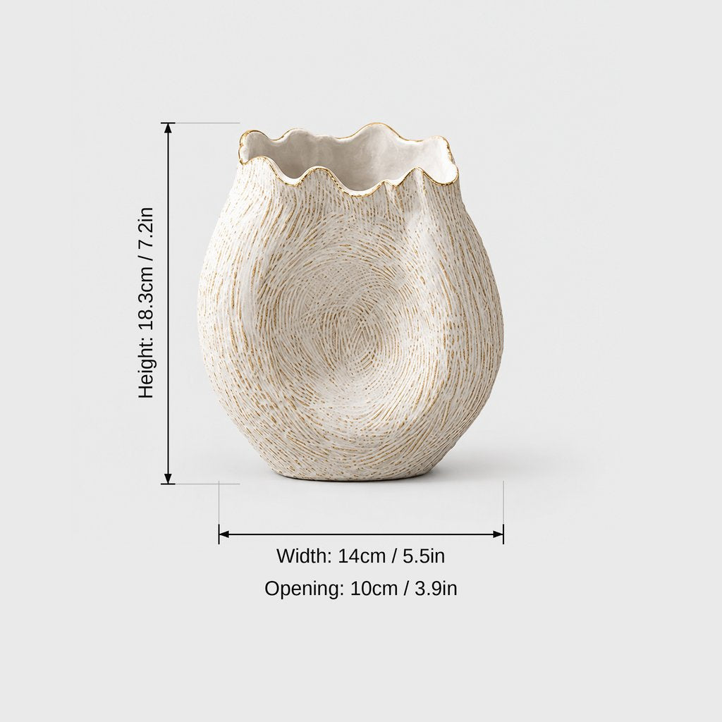 Textured cream ceramic vase with a wavy gold trimmed rim on a light grey background with dimensions labeled Height 18.3 cm or 7.2 in, Width 14 cm or 5.5 in and Opening 10 cm or 3.9 in