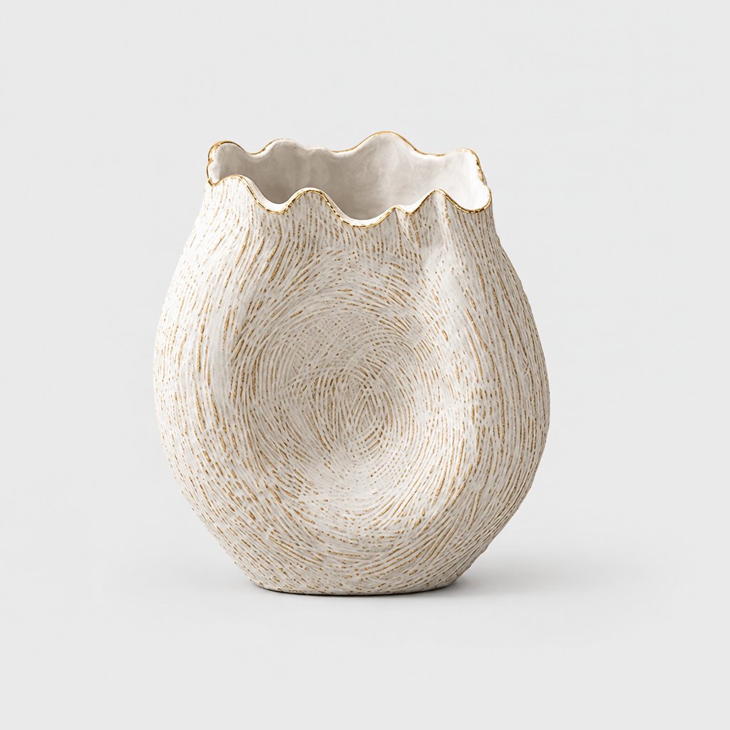 Textured cream ceramic vase with a wavy gold trimmed rim and a white interior on a light grey background