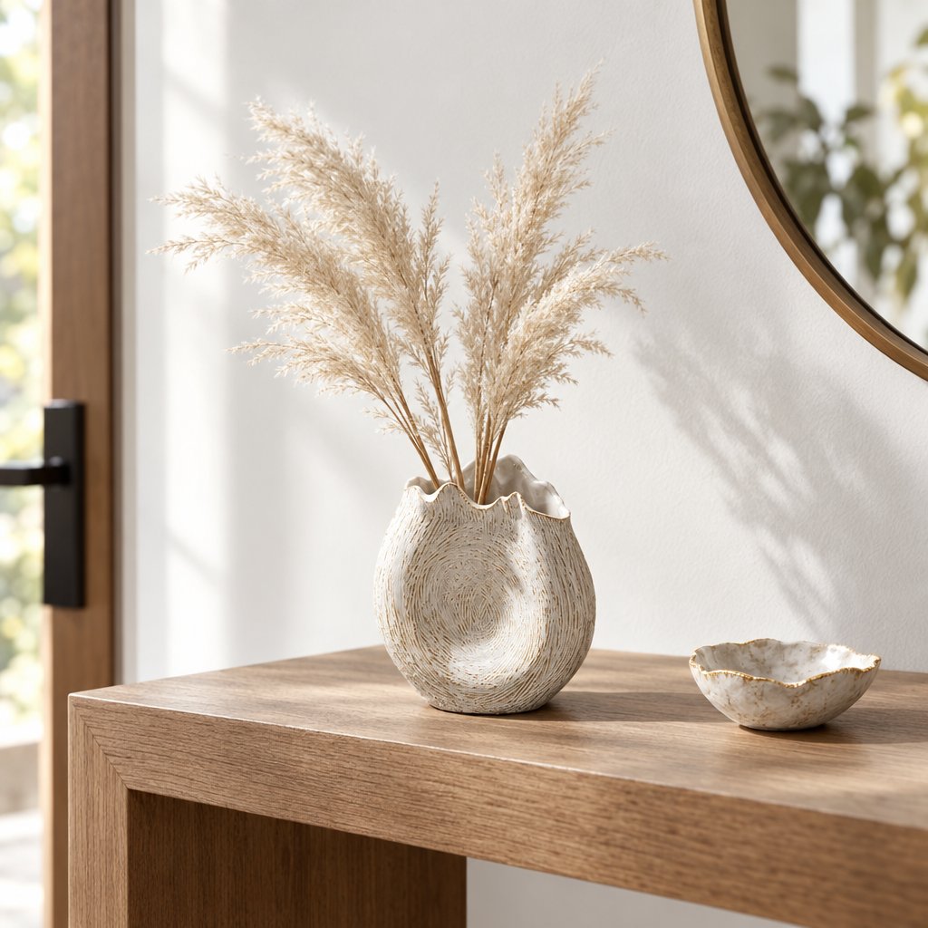 Textured cream ceramic vase with a wavy rim holding pampas grass on a wooden console beside a small ceramic dish and a round mirror