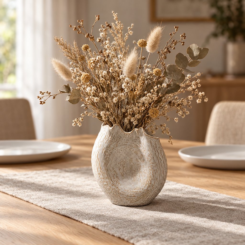 Textured cream ceramic vase with a wavy rim holding a dried wildflower bouquet on a linen runner on a wooden dining table between plates
