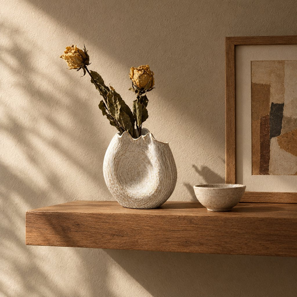Textured cream ceramic vase with a wavy rim holding two dried yellow roses on a wooden floating shelf beside a small ceramic bowl and framed abstract art