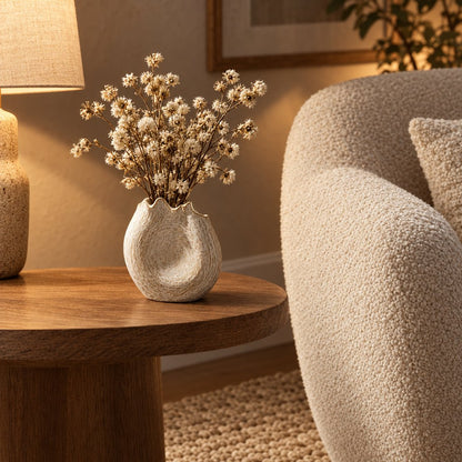Textured cream ceramic vase with a wavy rim holding dried white flower stems on a round wooden side table beside a lamp and a boucle armchair