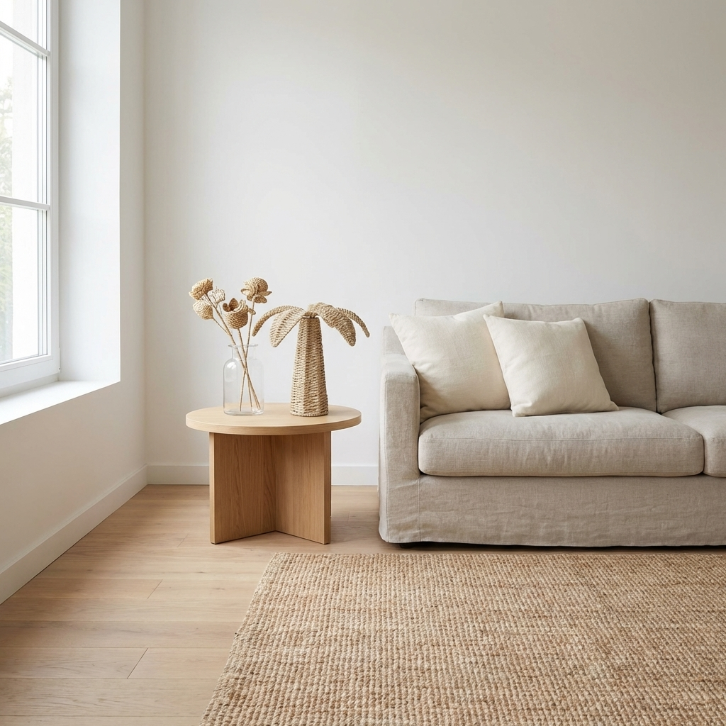 Beige sofa with decorative pillows in a minimalistic living room with wooden side table and rug.