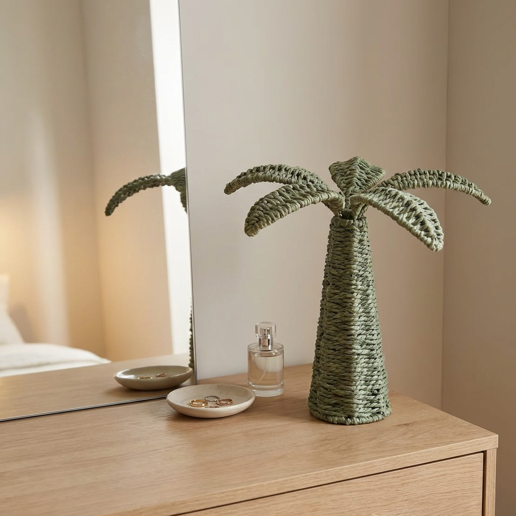 Decorative palm tree sculpture on a wooden surface with a neutral background
