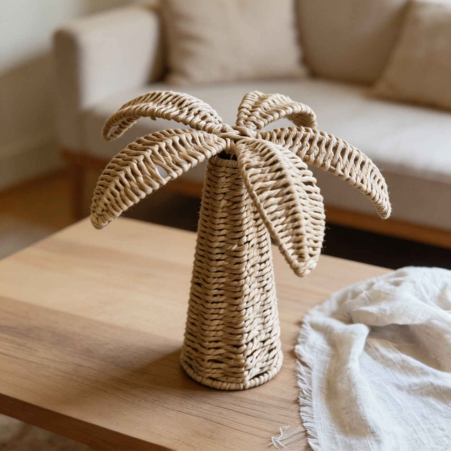 Woven palm tree decoration on a wooden table with a blurred sofa in the background
