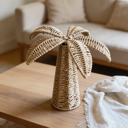 Woven palm tree decoration on a wooden table with a blurred sofa in the background