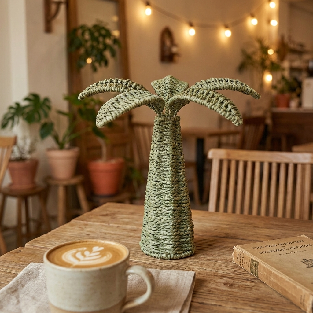 Palm tree sculpture on a table with a cup of coffee and a book in a cozy indoor setting.