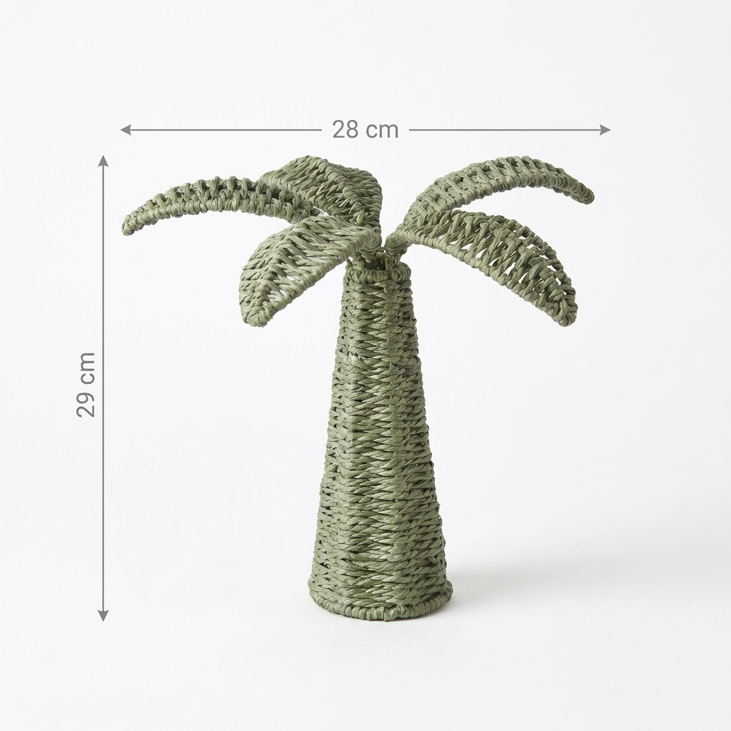 Green palm tree-shaped decorative item with measurements on a white background