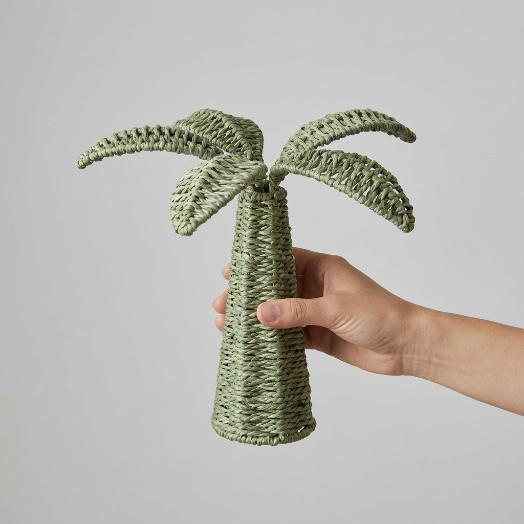 Hand holding a crocheted palm tree against a plain background