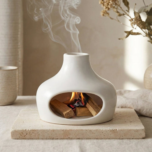 White ceramic fireplace with wood and smoke on a neutral background
