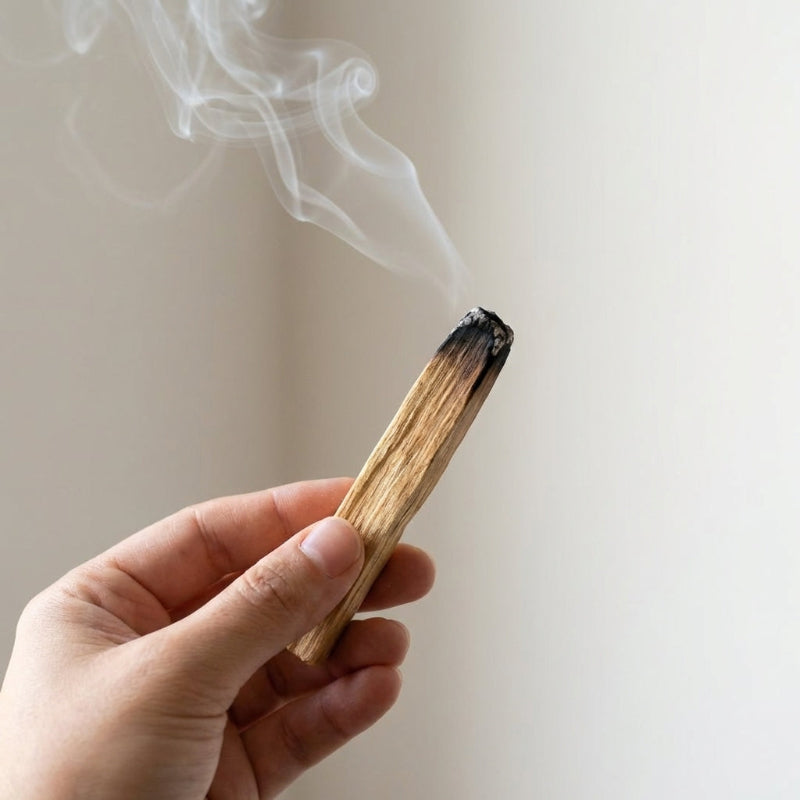 Hand holding a burning incense stick with smoke against a plain background