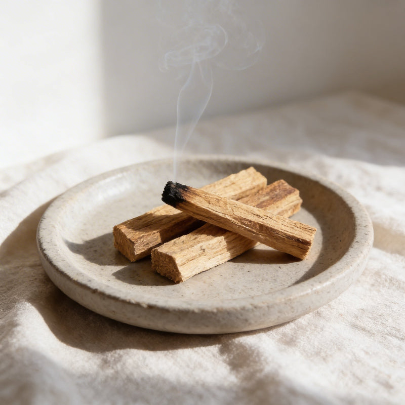 Incense sticks on a stone plate with smoke against a neutral background