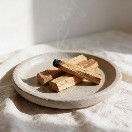 Incense sticks on a stone plate with smoke against a neutral background