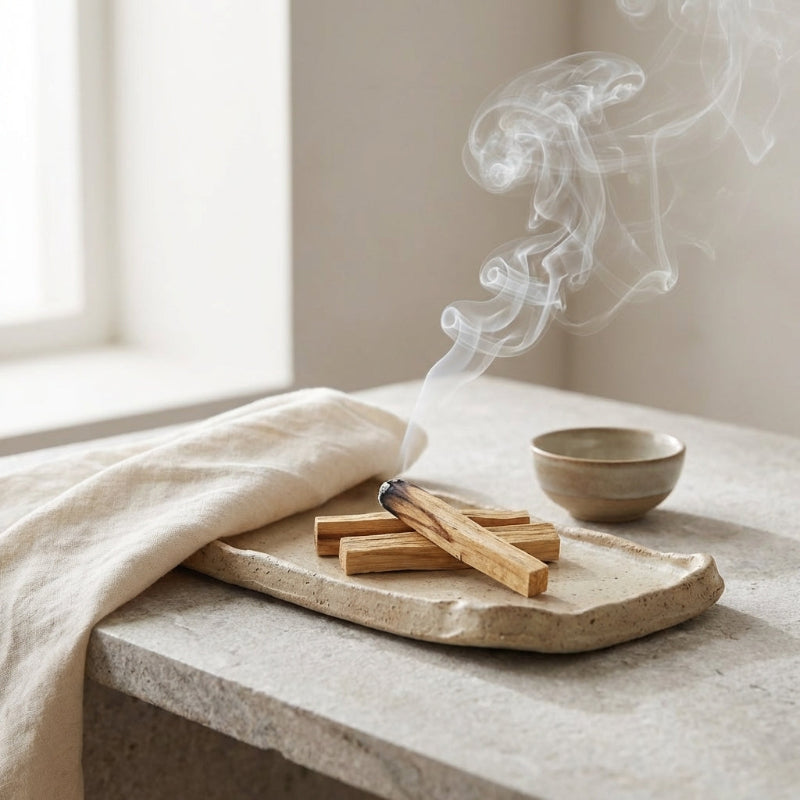Incense sticks on a stone tray with smoke rising, placed on a light surface near a window.