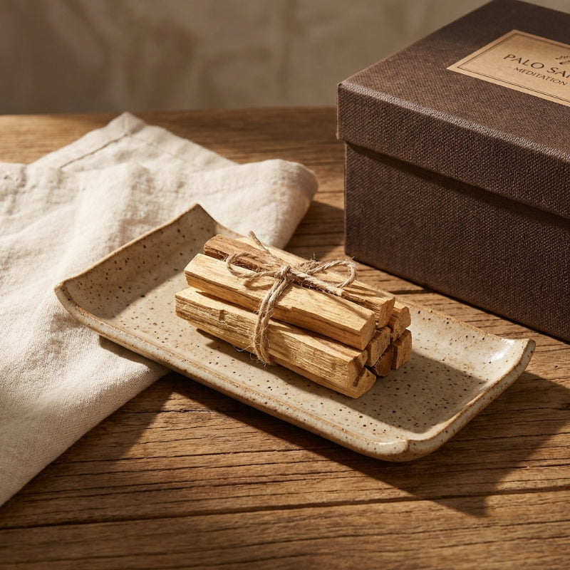 Palo santo sticks tied with twine on a ceramic plate with a branded box in the background.