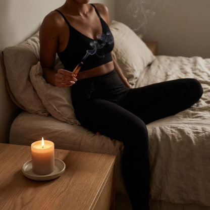 Person sitting on a bed holding a smoking object with a lit candle on a table in the foreground.