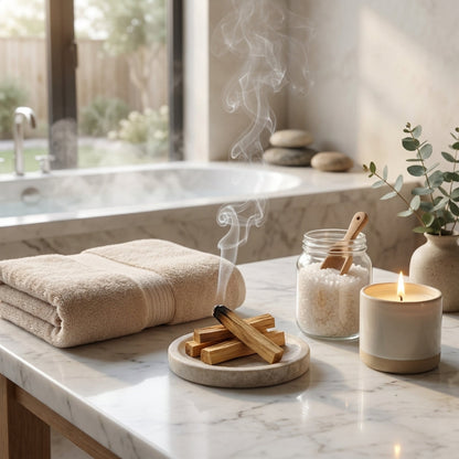 Relaxation scene with towels, candles, and a smoking incense stick on a marble surface.