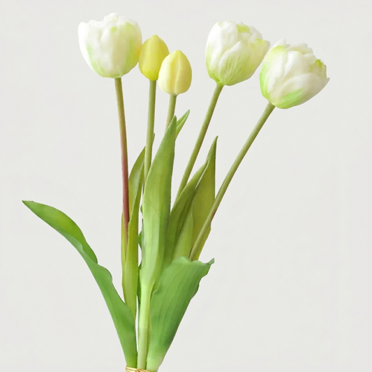 White parrot faux silicone tulips on white background
